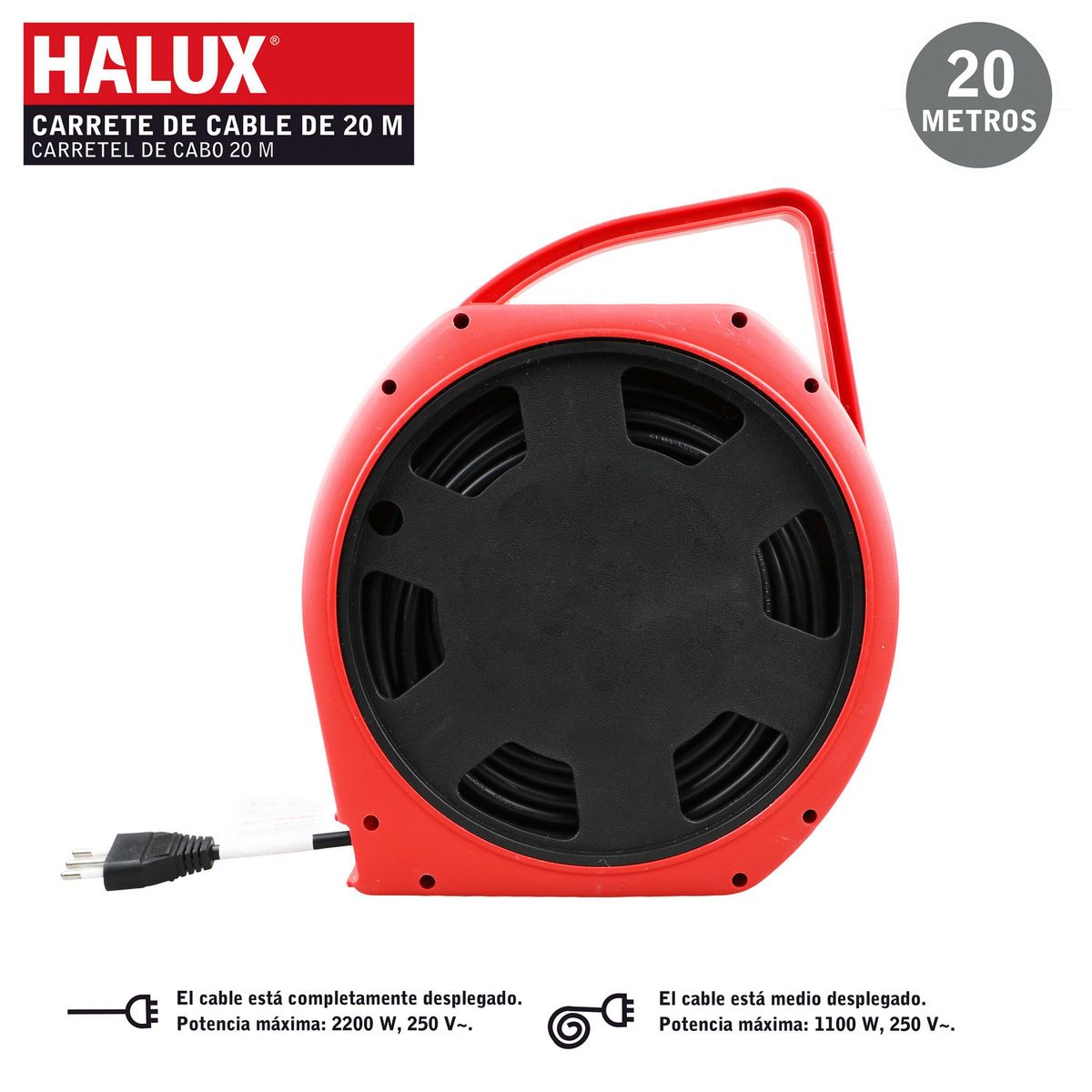 HALUX - Carrete Extension 4 Toma(s) 20 m Negro; Rojo