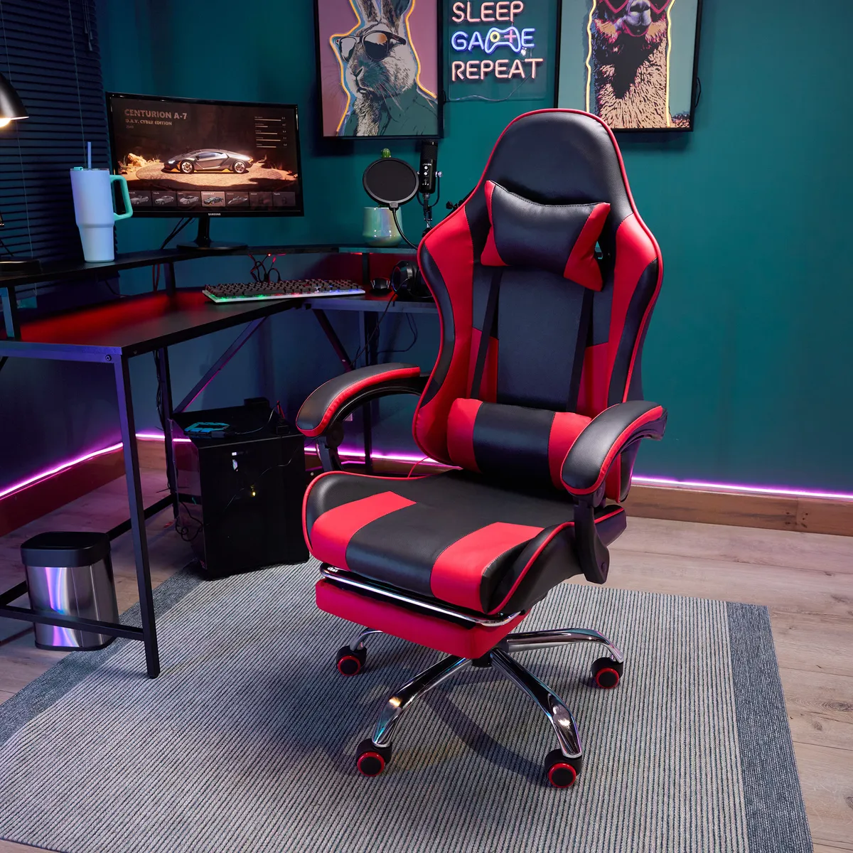JUST HOME COLLECTION - Silla Gamer Escritorio Masaje Reposapiés Matrix Rojo