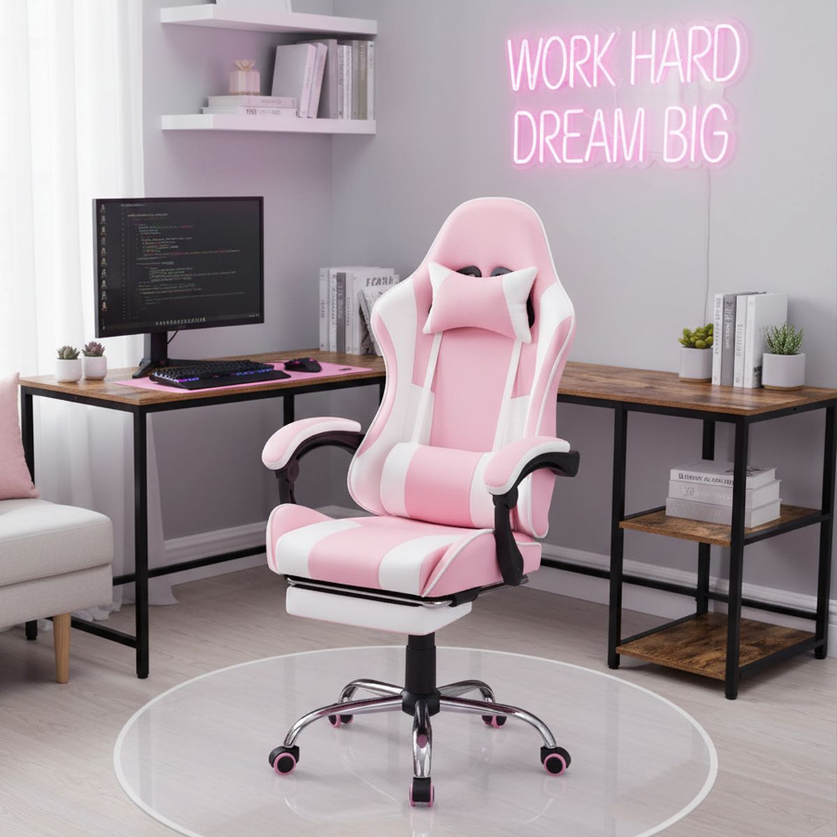 JUST HOME COLLECTION - Silla Gamer Escritorio Masaje Reposapiés Matrix Rosado