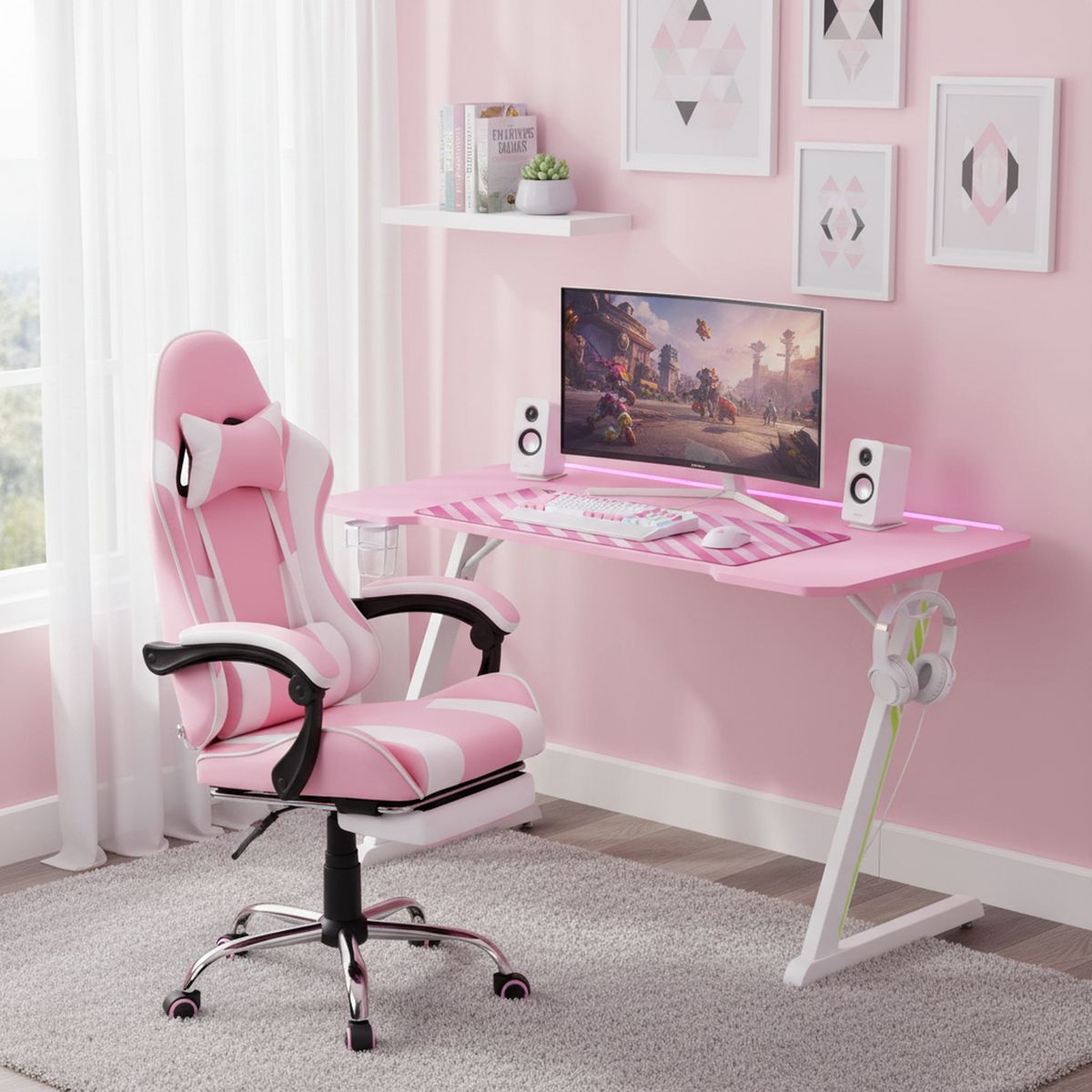 JUST HOME COLLECTION - Escritorio Gamer Zeta Rosado 120x75x60 cm