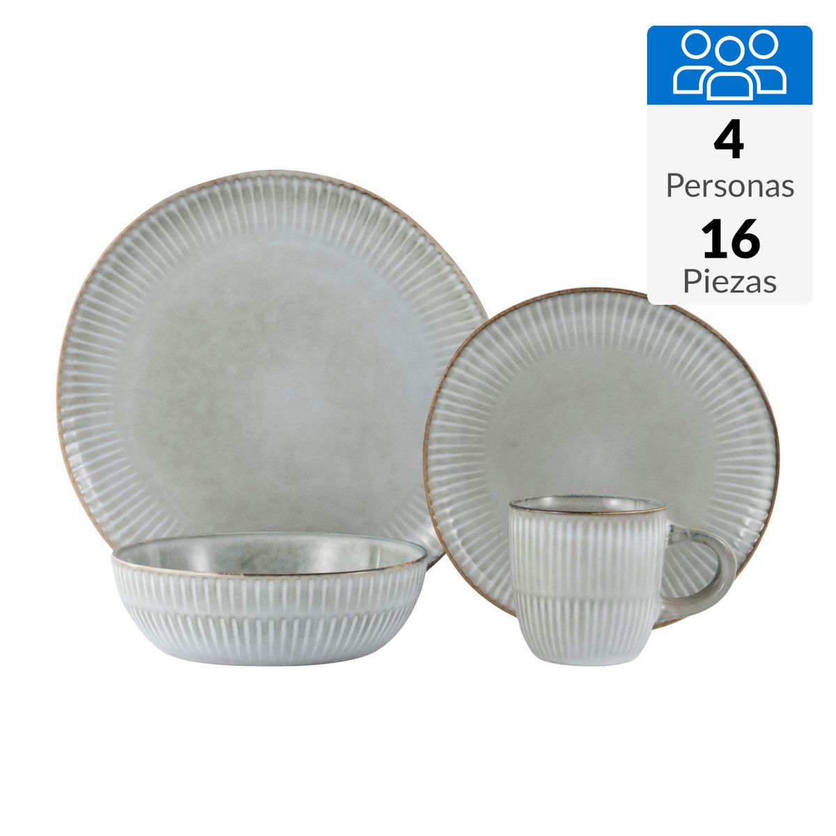 JUST HOME COLLECTION - Juego de Loza 16 Piezas Cerámica Bergamo Gris
