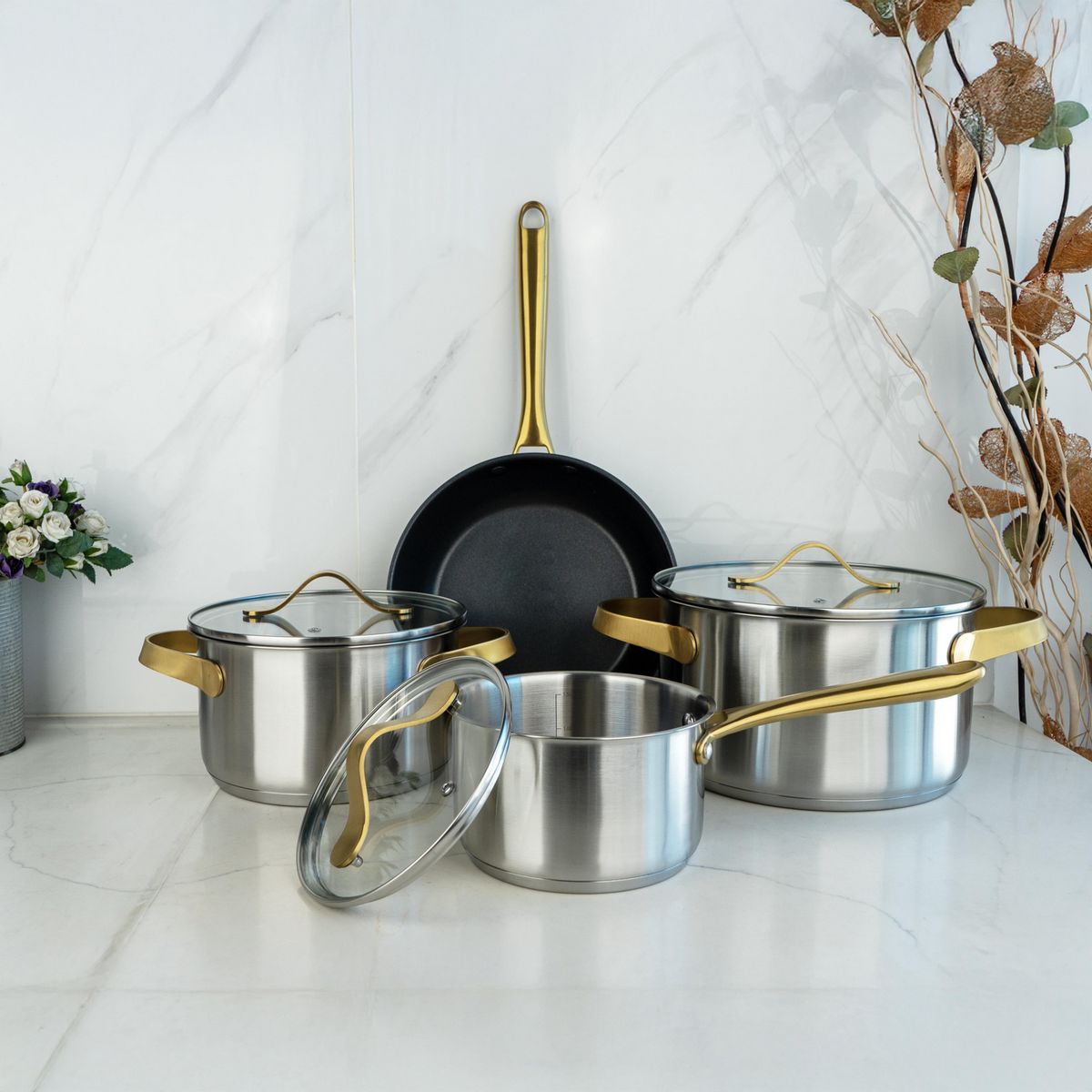 JUST HOME COLLECTION - Batería de Cocina 7 Piezas Acero inoxidable Lucca Plateado