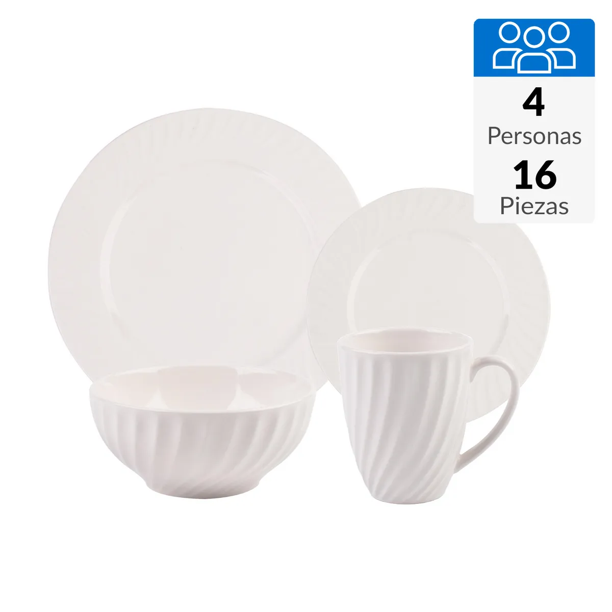 JUST HOME COLLECTION - Juego de Vajilla 16 Piezas Cerámica Turín Blanco