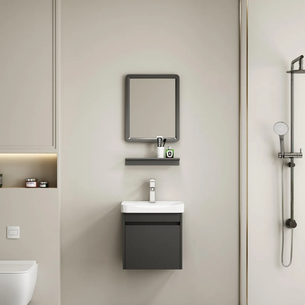 SENSI DACQUA - Combo Mueble de Baño + Espejo + Repisa Raymond Negro 42x36x43 cm
