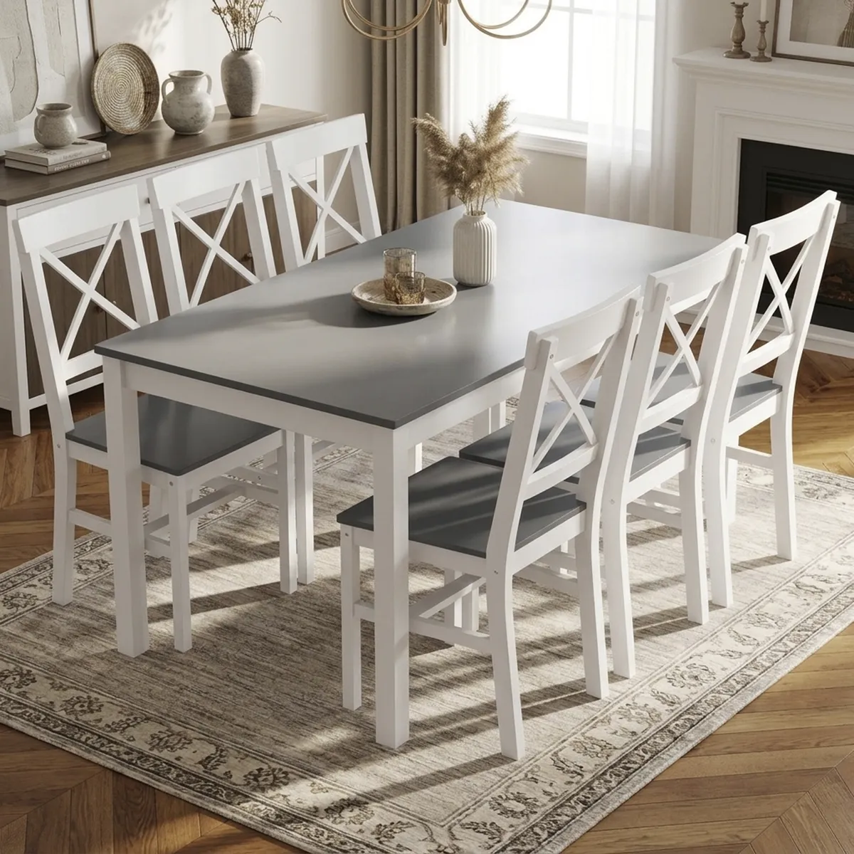 Juego de Comedor 6 Sillas Mesa Rectangular 150x80x73cm Gris/Blanco, marca JUST HOME COLLECTION - Foto Principal