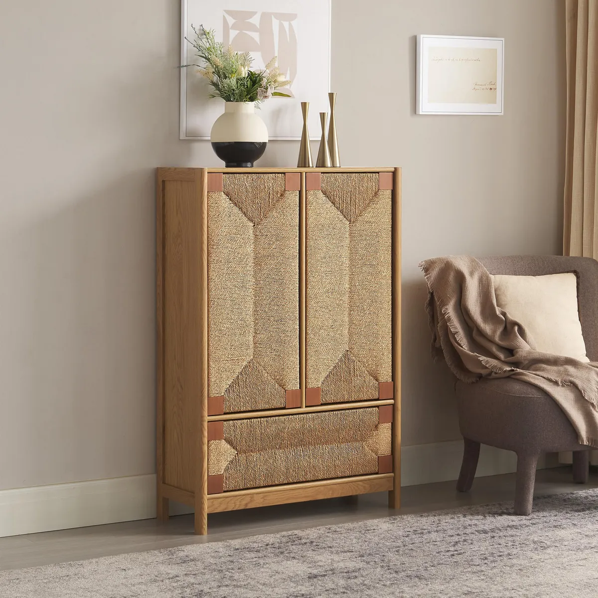 JUST HOME COLLECTION - Vitrina rattan madera 80x32x120 cm