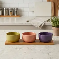 JUST HOME COLLECTION - Set 3 Bowl + base madera Colores Surtidos