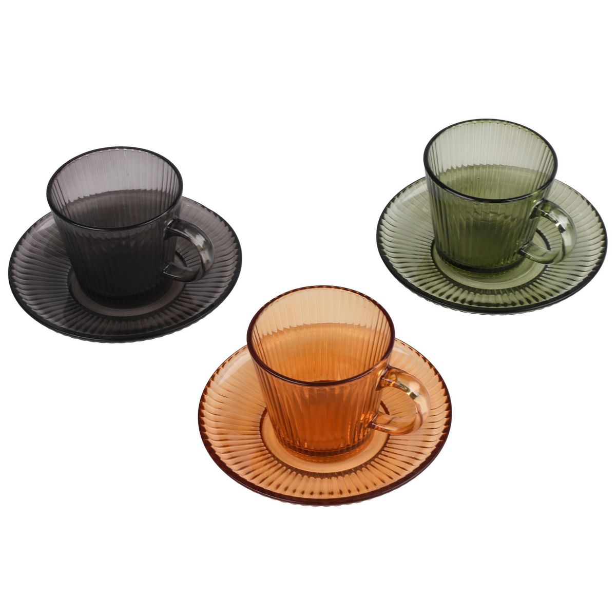 JUST HOME COLLECTION - Juego de 3 tazas + 3 platos 210 ml Vidrio Retro Multicolor