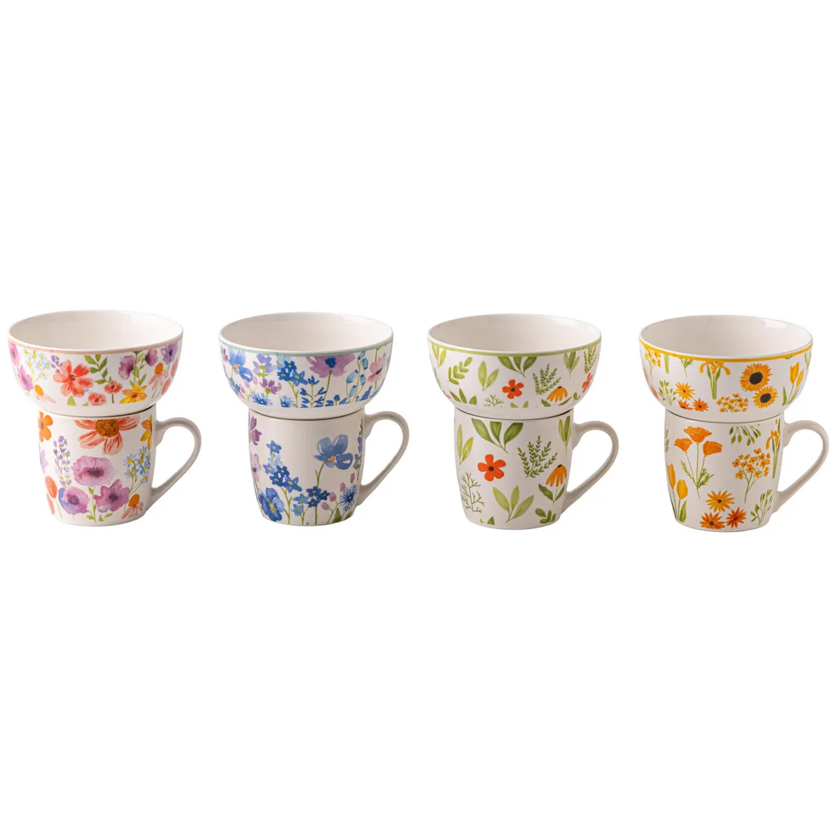 JUST HOME COLLECTION - Set Tazón + Bowl 350/550 ml Cerámica Flor Diseños Variados
