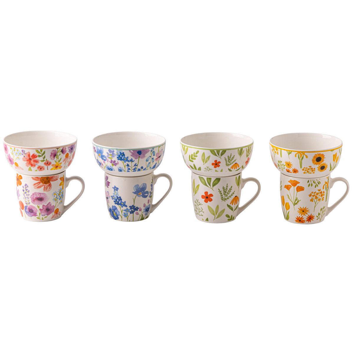 JUST HOME COLLECTION - Set Tazón + Bowl 350/550 ml Cerámica Flor Diseños Variados