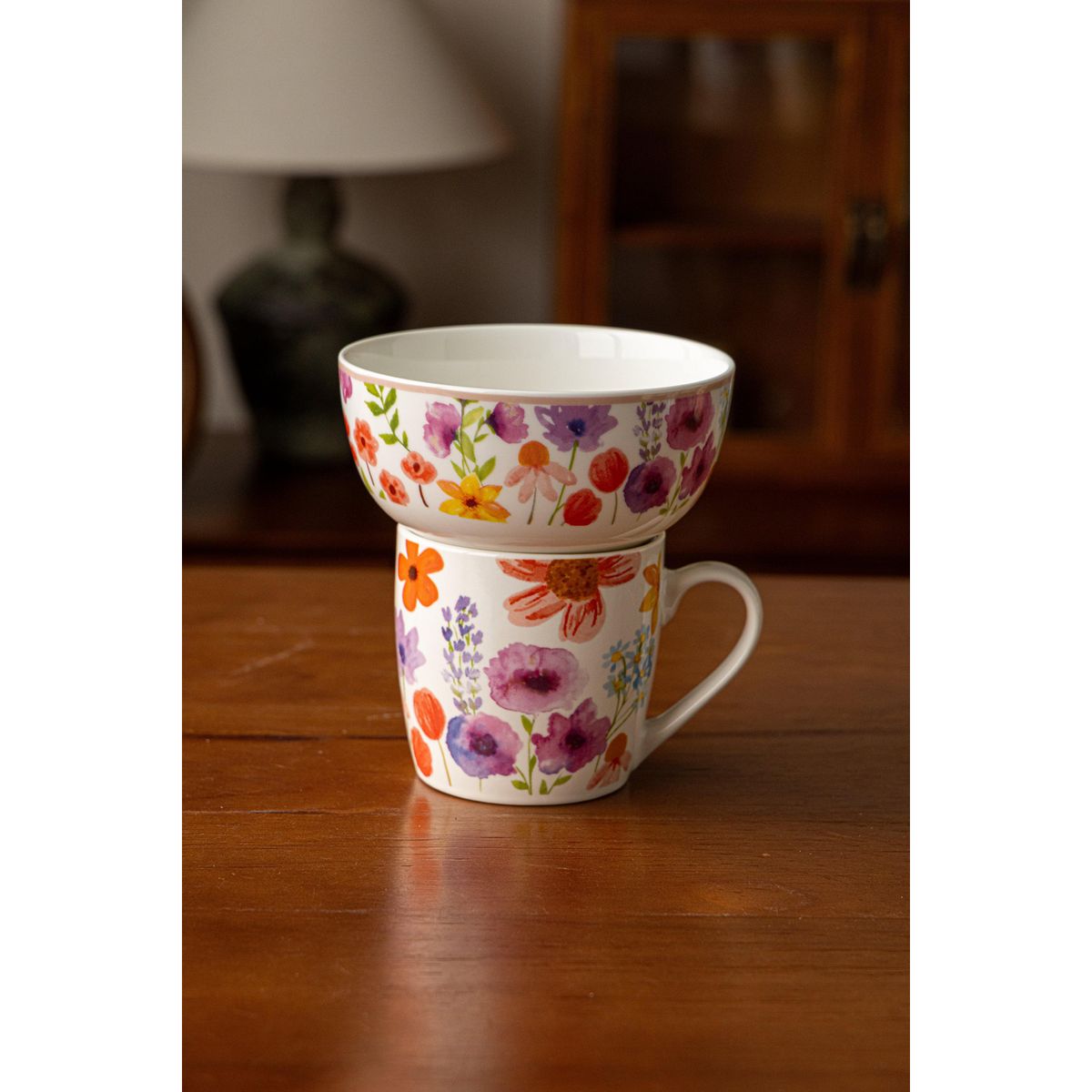 JUST HOME COLLECTION - Set Tazón + Bowl 350/550 ml Cerámica Flor Diseños Variados