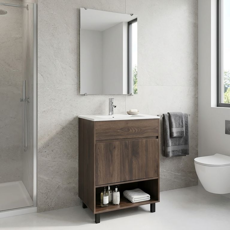 Combo Mueble de baño + Lavamanos + Grifería + Espejo Nero Madera Oscura 60x85x47 cm