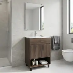 SENSI DACQUA - Combo Mueble de baño + Lavamanos + Grifería + Espejo Nero Madera Oscura 60x85x47 cm