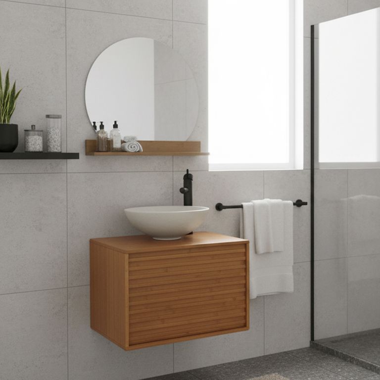 Combo Mueble de baño + Lavamanos + Grifería + Espejo con repisa Aura Roble Claro 60x40x45 cm