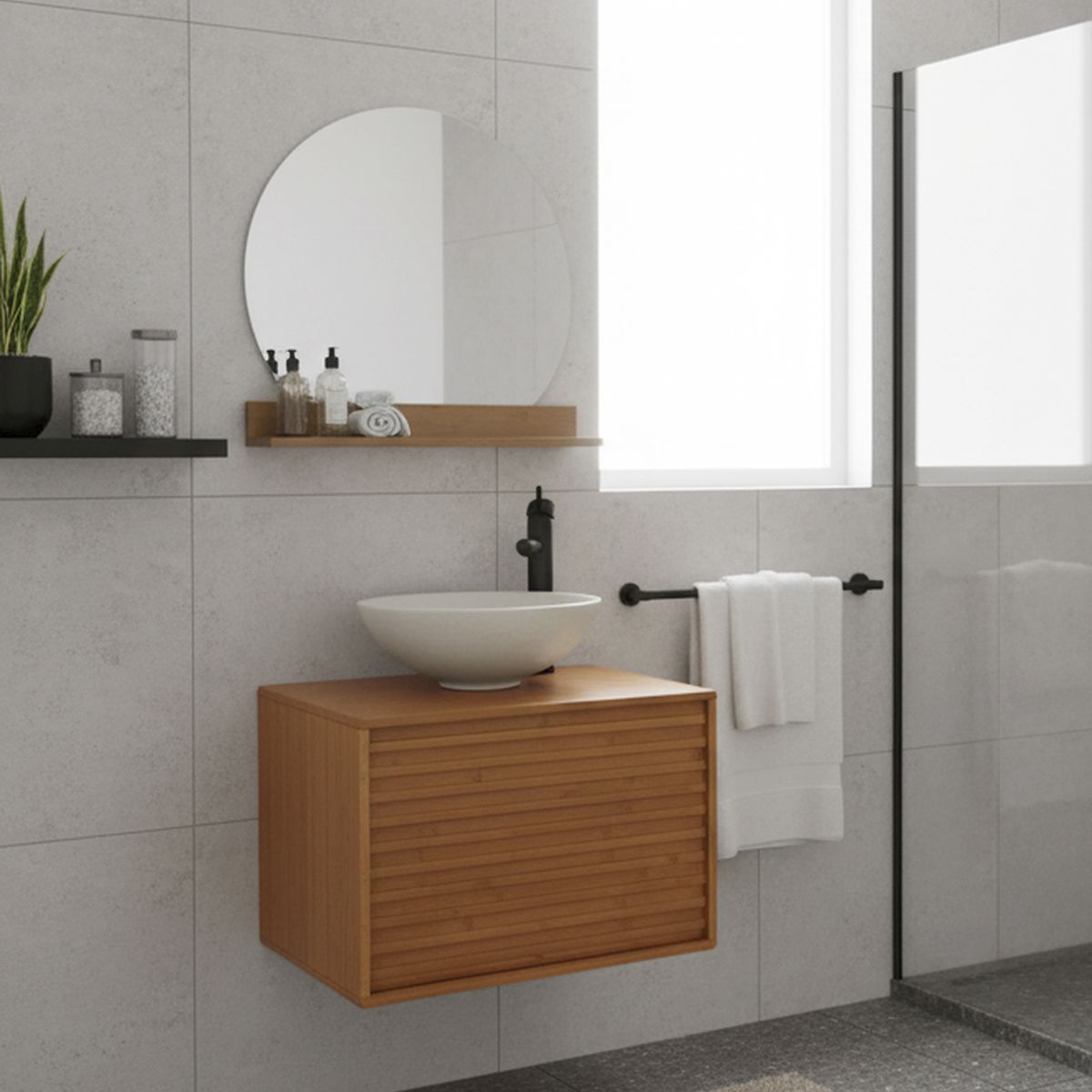 SENSI DACQUA - Combo Mueble de baño + Lavamanos + Grifería + Espejo con repisa Aura Roble Claro 60x40x45 cm