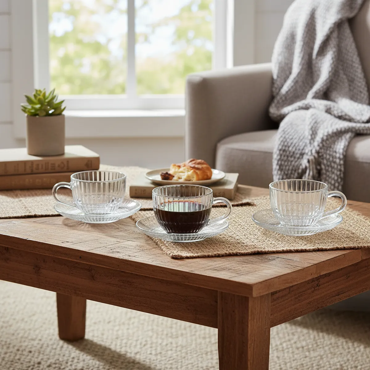 JUST HOME COLLECTION - Set 3 Taza y plato de Vidrio 220 ml Transparente