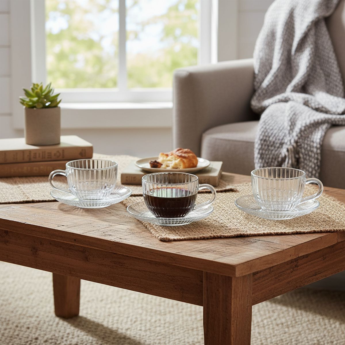 JUST HOME COLLECTION - Set 3 Taza y plato de Vidrio 220 ml Transparente