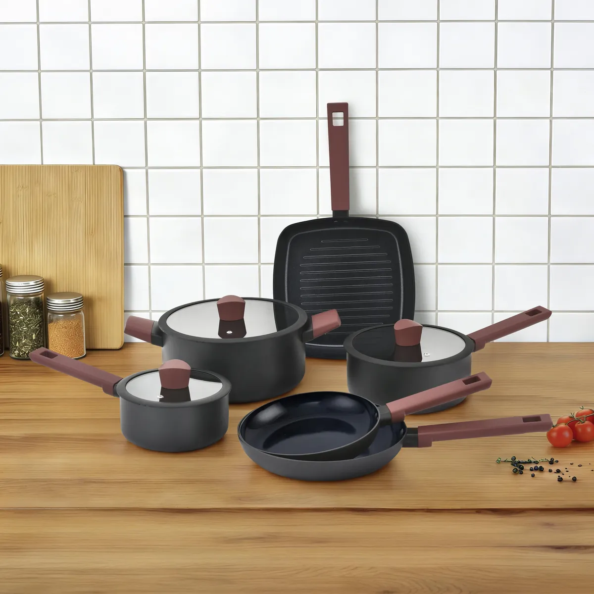 JUST HOME COLLECTION - Batería de Cocina Antiadherente 3 Ollas + 2 Sartenes + 1 Plancha Mango Baquelita