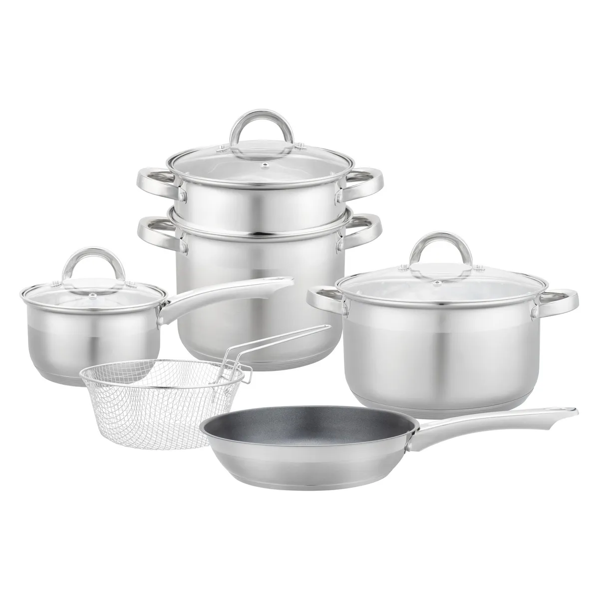 Batería de Cocina Acero Inoxidable 4 Ollas + 1 Sarten + 1 Rejilla, marca JUST HOME COLLECTION - Foto Principal