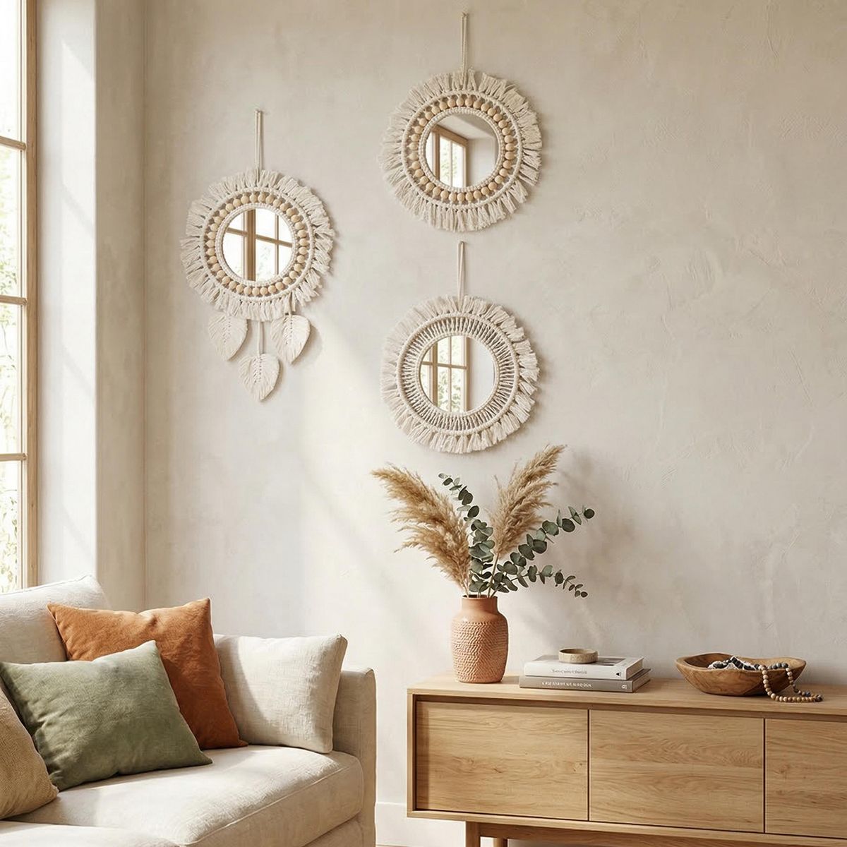 JUST HOME COLLECTION - Set 3 Espejos Decorativo Boho 40x40 cm Tejido Blanco