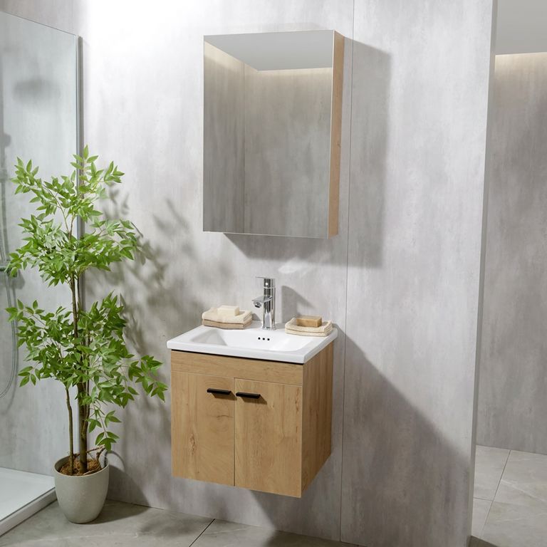 Combo Mueble de Baño con Lavamanos Tipo Madera 50x50x40 cm+ Botiquin con Espejo