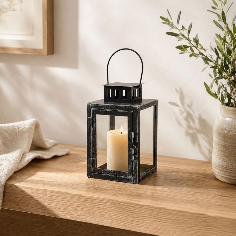 Farol de metal con vidrio color gris 19cm