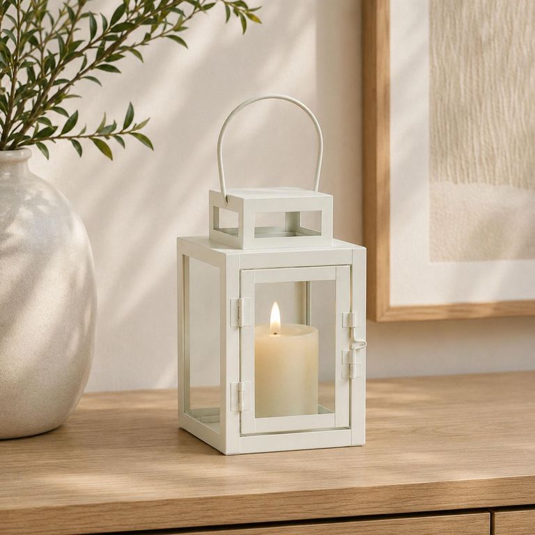 Farol de metal con vidrio color blanco 19cm