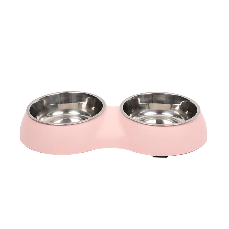 Comedero doble para mascotas acero inoxidable, color rosa