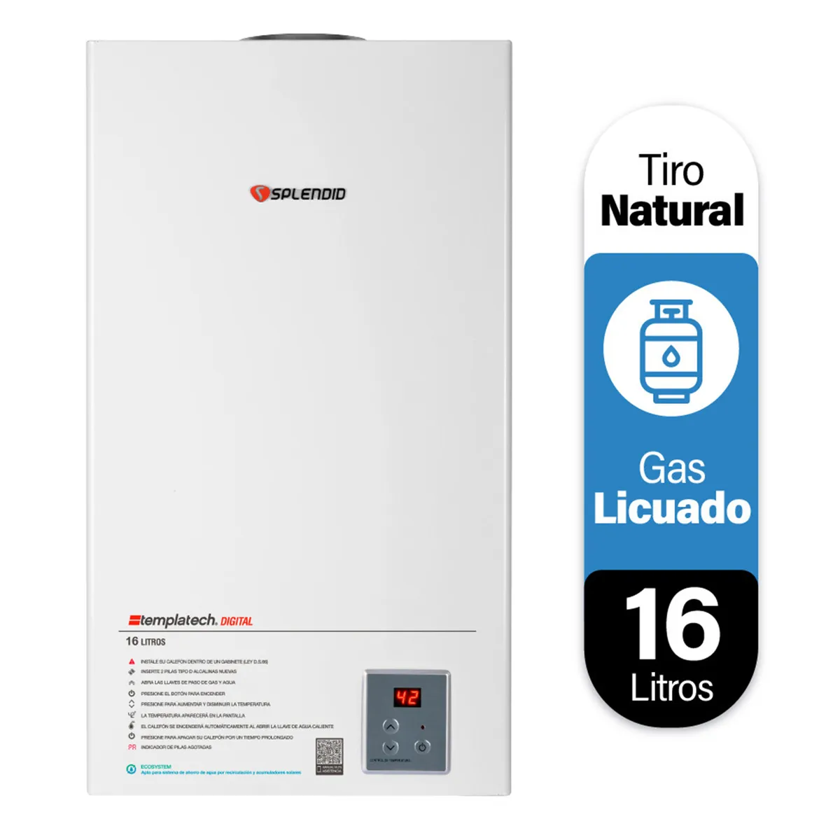 SPLENDID - Calefont Gas Licuado 16 Litros Tiro Natural Ionizado