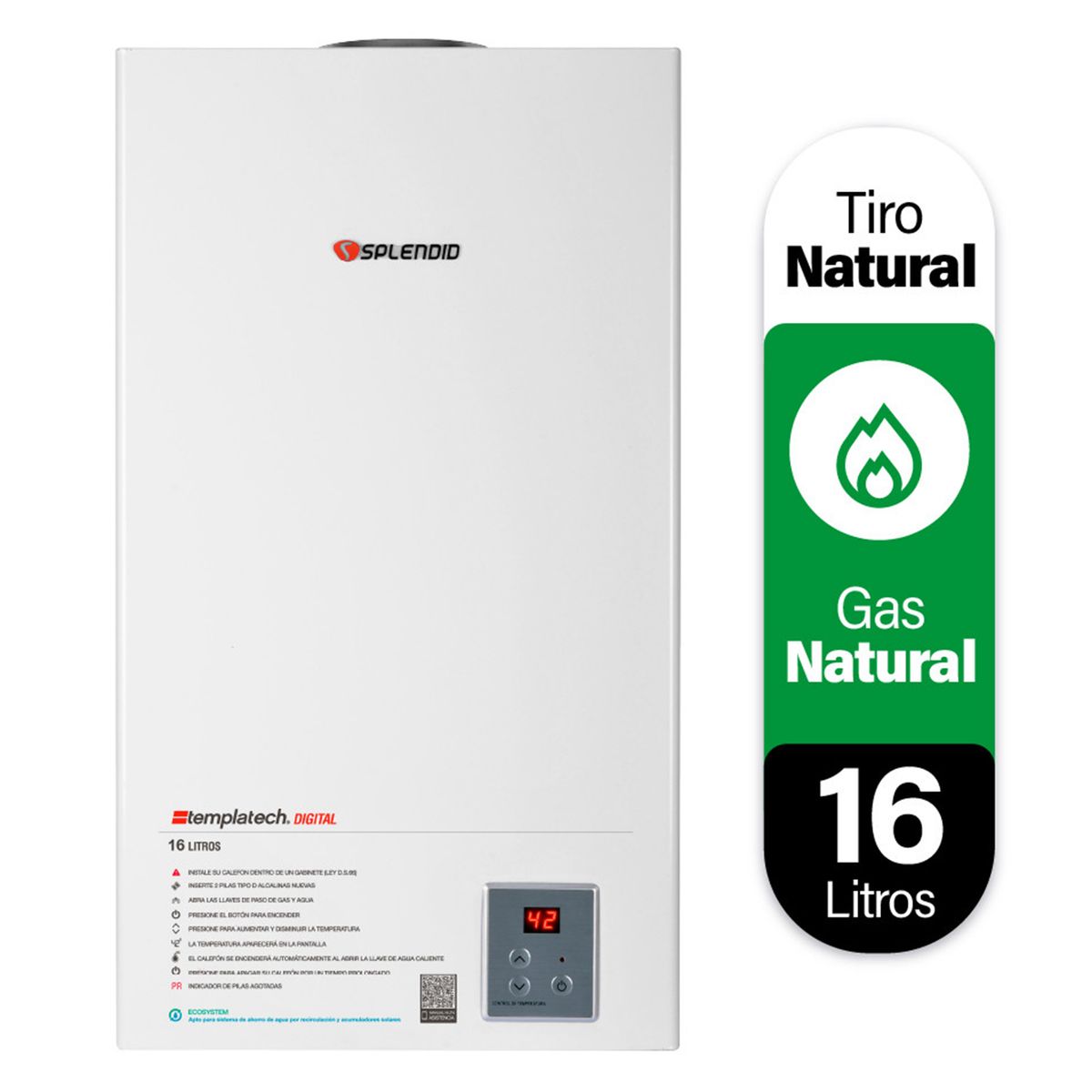 SPLENDID - Calefont Gas Natural 16 Litros Tiro Natural Ionizado