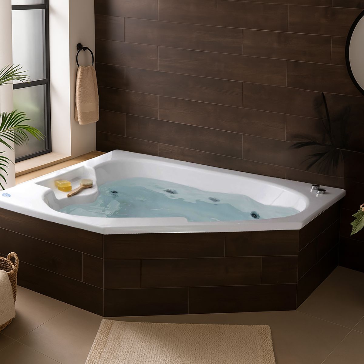 NORGLAS - Tina hidromasaje 370 l creta 7 jets derecha 150x150x50 cm