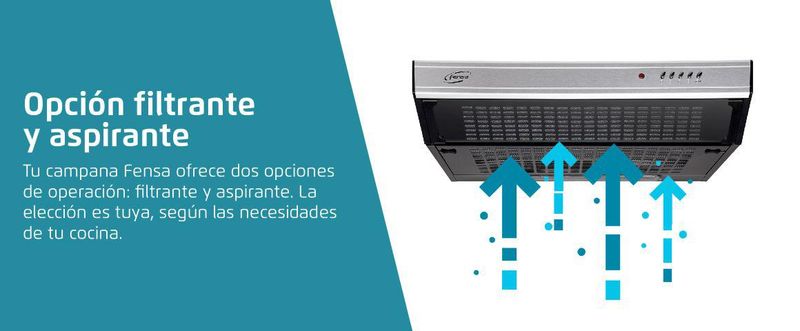 Opción filtrante y aspirante. Tu campaña Fensa ofrece dos opciones de operación: filtrante y aspirante. La elección es tuya, según las necesidades de tu cocina.