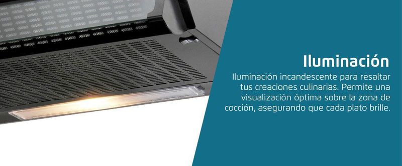 Iluminación incandescente para resaltar tus creaciones culinarias. Permite una visualización óptima sobre la zona de cocción, asegurando que cada plato brille.