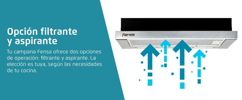 Opción filtrante y aspirante. Tu campaña Fensa ofrece dos opciones de operación: filtrante y aspirante. La elección es tuya, según las necesidades de tu cocina.