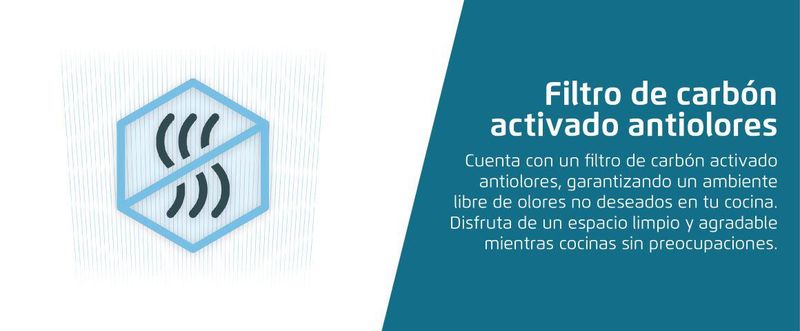 Filtro de carbón activado antiolores. Cuenta con un filtro de carbón activado antiolores, garantizando un ambiente libre de olores no deseados en tu cocina. Disfruta de un espacio limpio y agradable mientras cocinas sin preocupaciones.