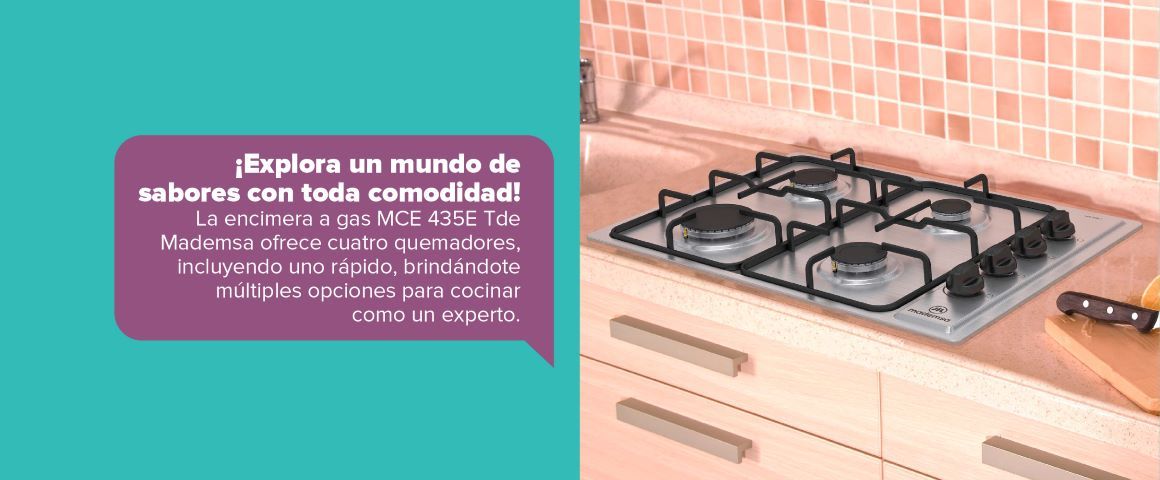 ¡Explora un mundo de sabores con toda comodidad! La encimera a gas MCE 435E T de Mademsa ofrece cuatro quemadores, incluyendo uno rápido, brindándote múltiples opciones para cocinar como un experto.