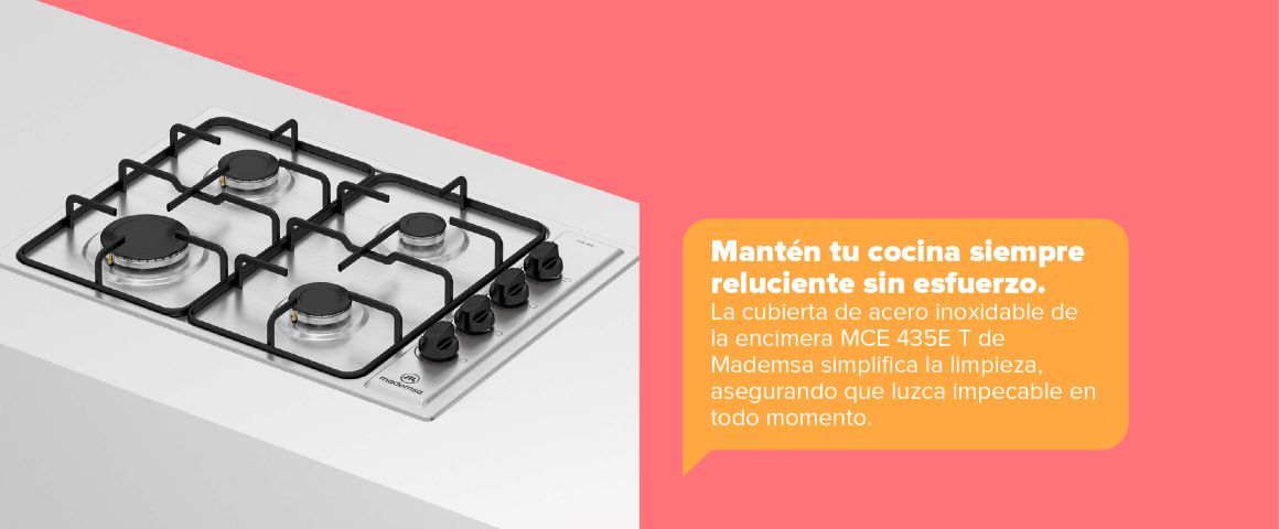 Mantén tu cocina siempre reluciente sin esfuerzo. La cubierta de acero inoxidable de la encimera MCE 435E T de Mademsa simplifica la limpieza, asegurando que luzca impecable en todo momento.