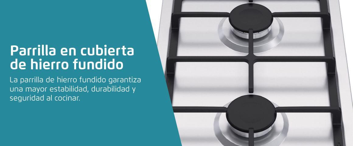 La parrilla de hierro fundido garantiza una mayor estabilidad, durabilidad y seguridad al cocinar.
