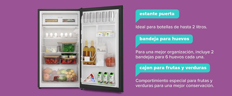 Multi espacio que hace la diferencia. Estante en puerta. Bandeja de huevos. Y cajon para frutas y verduras