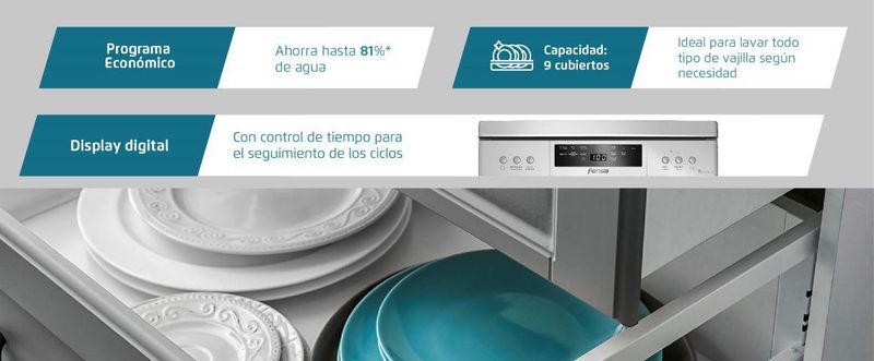 Programa económico: Ahorra hasta un 81% de agua. Capacidad 9 cubiertos: Ideal para lavar todo tipo de vajilla según necesidad. Display digital: Con control de tiempo para el seguimiento de los ciclos