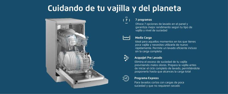 Cuidando de tu vajilla y el planeta. 7 programas: Ofrece 7 opciones de lavado en el panel y garantiza mejor rendimiento según tu tipo de vajilla y nivel de suciedad. Media Carga: Ideal para aquellos momentos en los que tienes poca vajilla y necesitas utilizarla de nuevo rápidamente. Permite un lavado eficiente incluso sin la carga completa. Acquajet Pre Lavado: Elimina el exceso de suciedad de tu vajilla previniendo malos olores. Prepara la vajilla antes de iniciar el ciclo completo de lavado, permitíendote posponerlo hasta que alcances la carga total. Programa Express: Para lavados cortos con cargas de poca suciedad y que no requieren secado. 