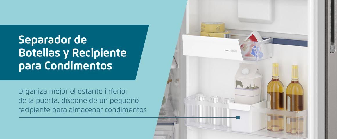 Separador de Botellas y Recipiente para condimentos . Organiza mejor el estante inferior de la puerta, dispone de un pequeño recipiento para almacenar condimientos