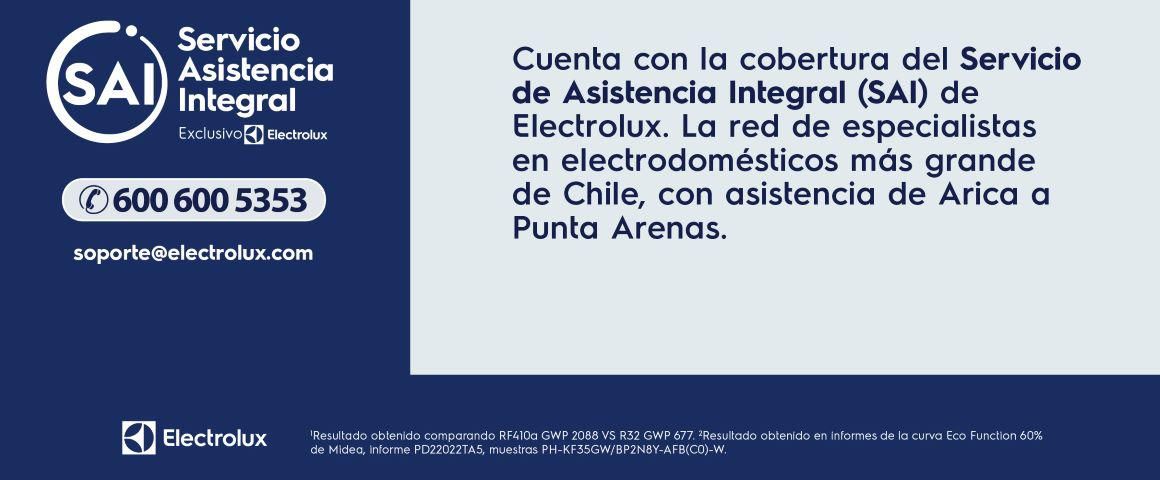 Cuenta con la cobertura del Servicio de Asistencia Integral (SAI) de Electrolux. La red de especialistas en electrodomésticos más grande de Chile, con asistencia de Arica a Punta Arenas.