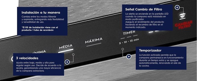 Instalación a tu manera, Señal Cambio de Filtro, 3 velocidades, Temporizador.