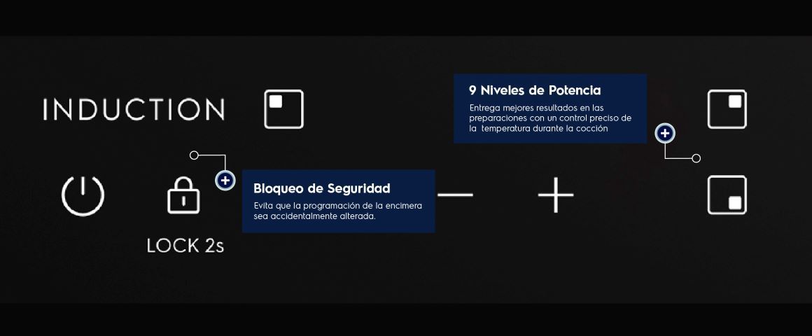 Induction. Bloqueo de Seguridad: Evita que la programación de la encimera sea accidentalmente alterada. 9 Niveles de Potencia: Entrega mejores resultados en las preparaciones con un control preciso de la temperatura durante la cocción.