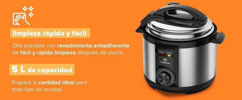 Limpieza rápida y fácil y 5L de capacidad. Olla extraíble con revestimiento antiadherente de fácil y rápida limpieza después de usarla.