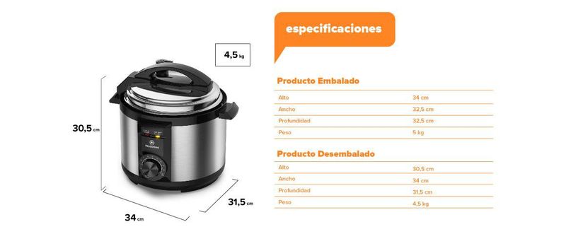 Especificaciones. Producto embalado: Alto 34cm, Ancho 32,5cm, Profundidad: 32,5cm, Peso 5kg. Producto desembalado: Alto 30,5cm, Ancho 34cm, Profundidad: 31,5cm, Peso 4,5kg.