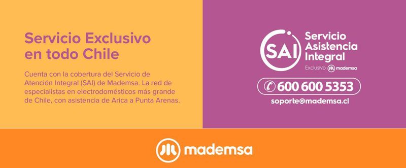 Servicio Asistencia Integral (SAI)  600 600 5353  soporte@mademsa.cl. Cuenta con la cobertura del Servicio de Asistencia Integral (SAI) de Mademsa. La red de especialistas en electrodomésticos más grande de Chile, con asistencia de Arica a Punta Arenas. 