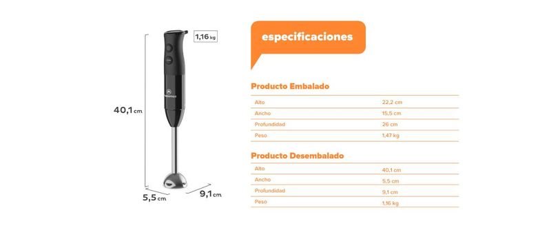 Especificaciones. Producto embalado: Alto 22,2cm, Ancho 15,5cm, Profundidad: 26cm, Peso 1,47kg.. Producto desembalado: Alto 40,1cm, Ancho 5,5cm, Profundidad: 9,1cm, Peso 1,16kg.