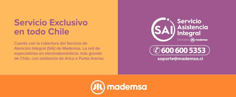 Servicio Asistencia Integral (SAI)  600 600 5353  soporte@mademsa.cl. Cuenta con la cobertura del Servicio de Asistencia Integral (SAI) de Mademsa. La red de especialistas en electrodomésticos más grande de Chile, con asistencia de Arica a Punta Arenas. 